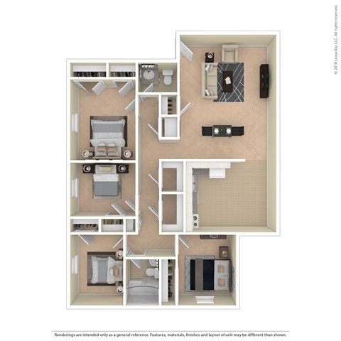 A floor plan of an apartment with a kitchen, living room, and two bedrooms.
